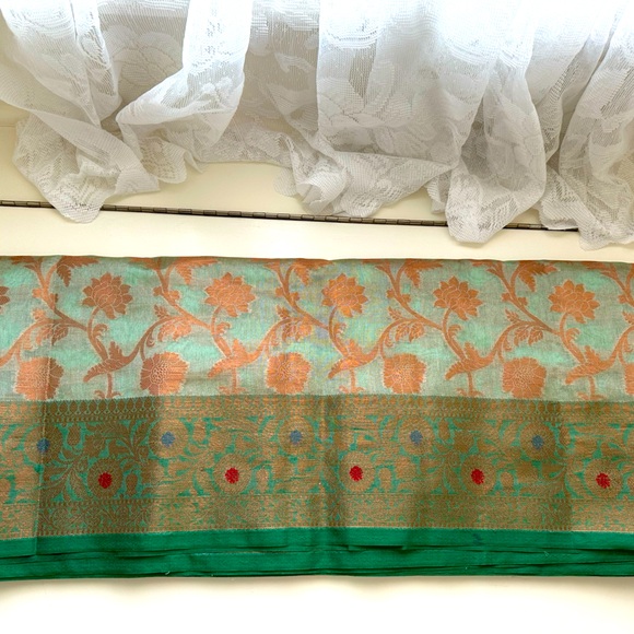 Indian women saree semi Banarasi with unstitched blouse pista green / orange - Picture 1 of 7